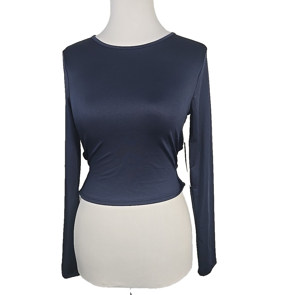 Live In The Moment Navy Blue Stretch Knit Cropped Top Long Sleeve Medium M New